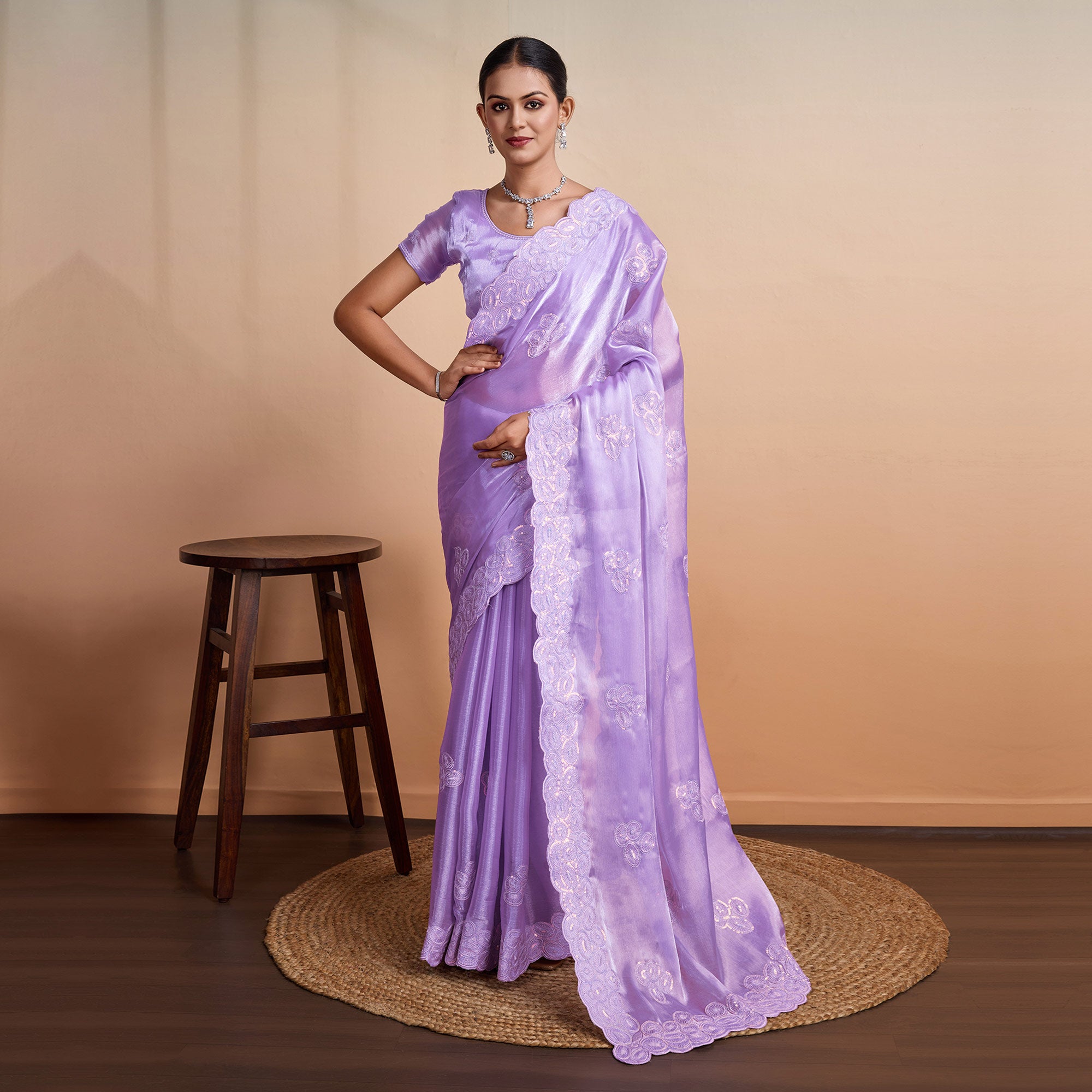 Lavender Sequins Embroidered Organza Saree
