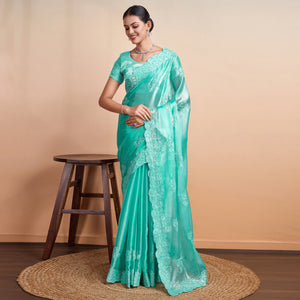 Rama Green Sequins Embroidered Organza Saree