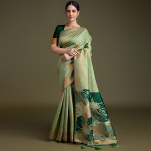 Green Floral Woven Banarasi Silk Saree