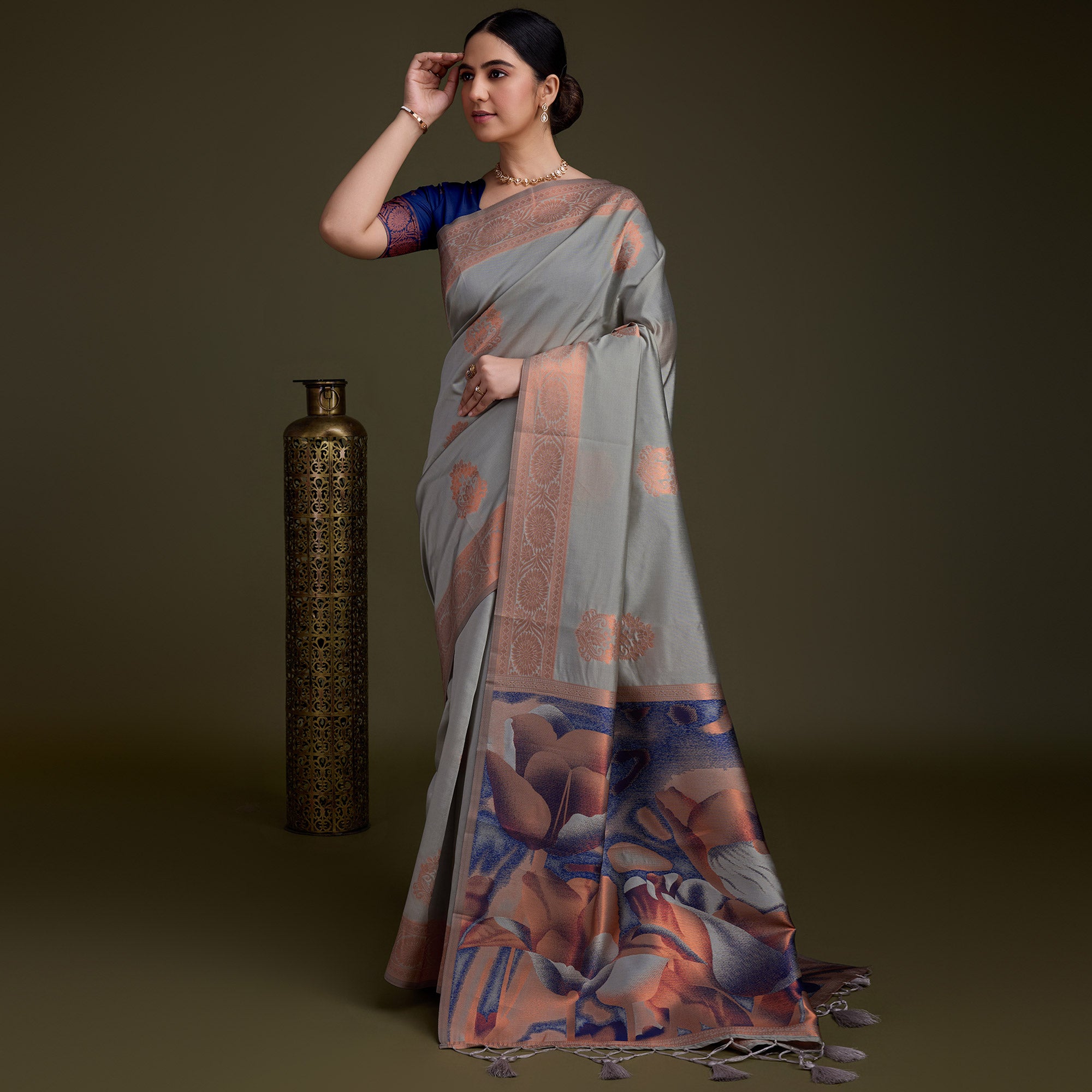 Grey Floral Woven Banarasi Silk Saree