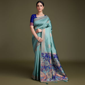 Turquoise Floral Woven Banarasi Silk Saree
