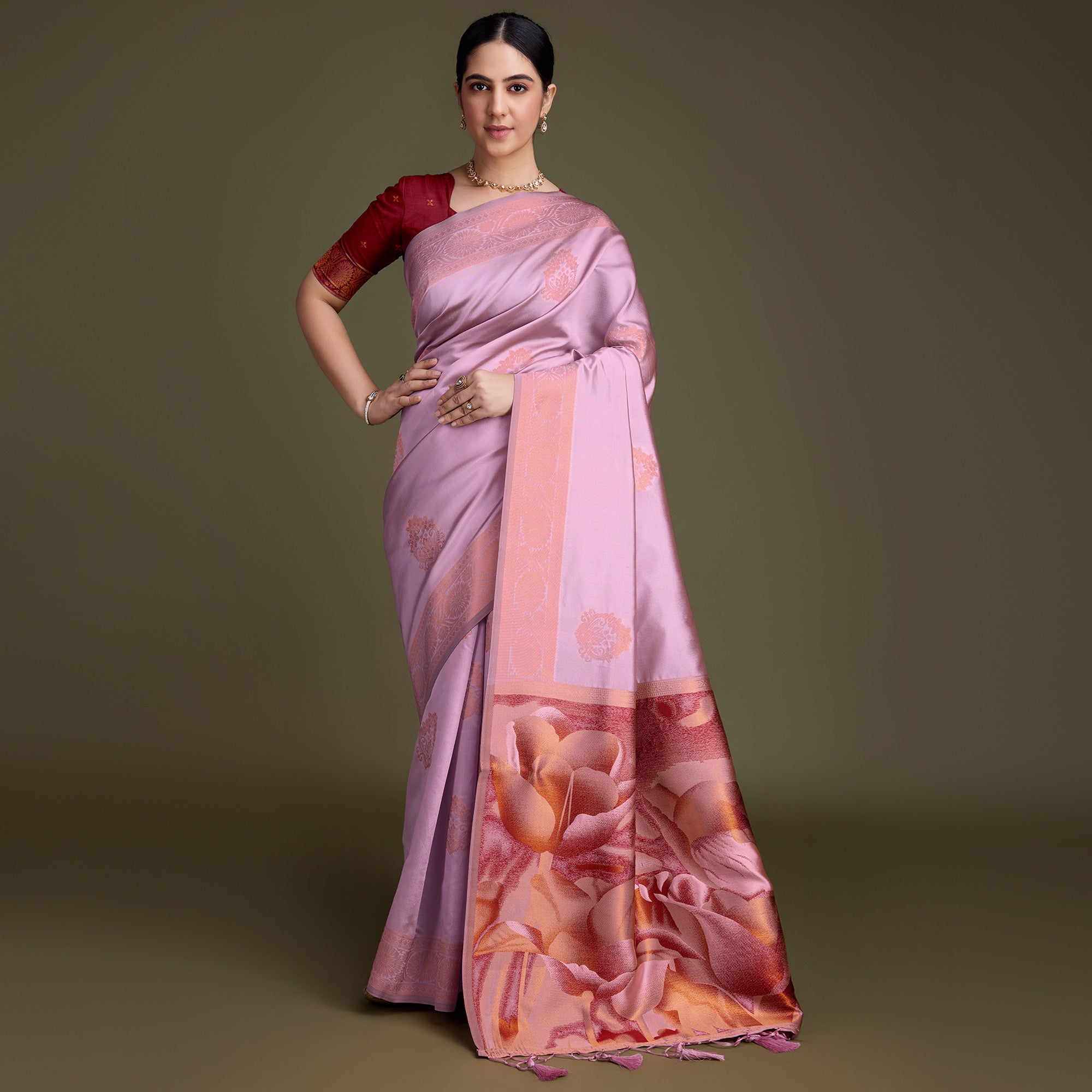 Pink Floral Woven Banarasi Silk Saree