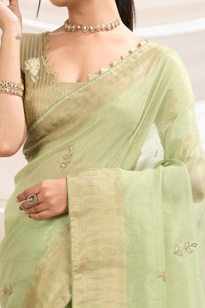 Green Linen Tissue Saree With Hand-Stitched Moti & Cutdana Work