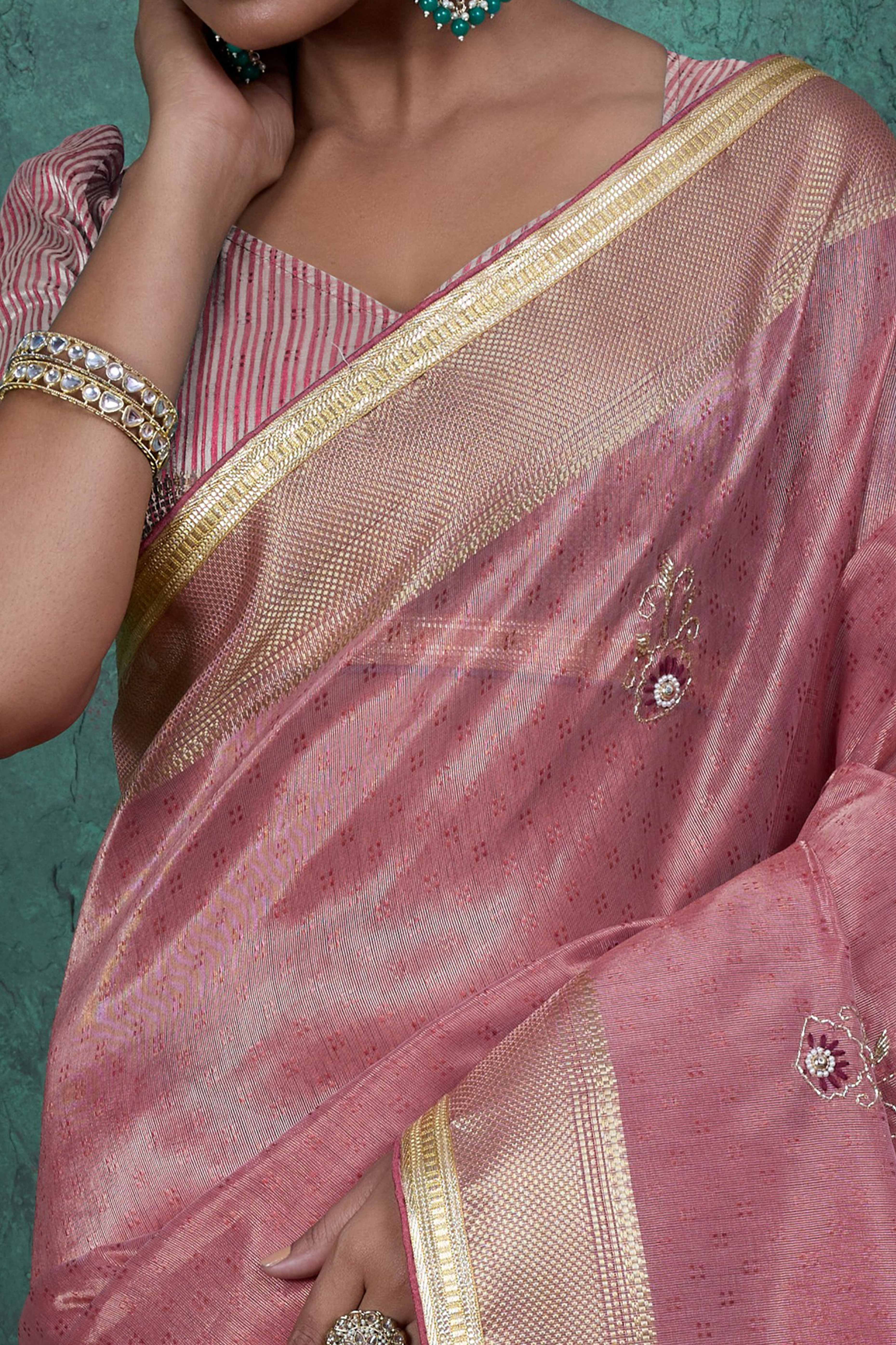 Pink Woven Linen Tissue Saree Featuring Beads Embellishment