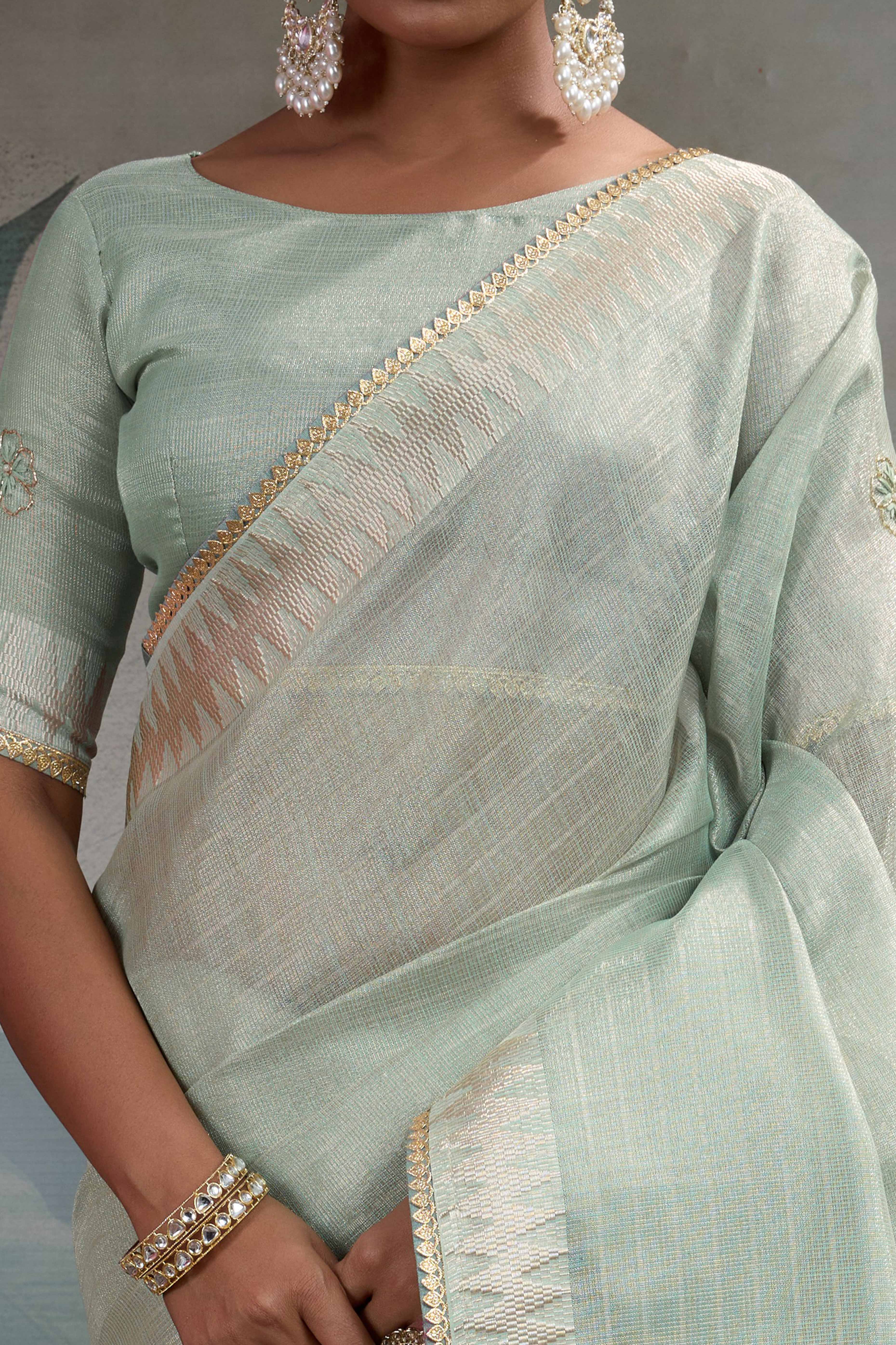 Mint Green Linen Tissue Saree with Hand Beads Embellishment