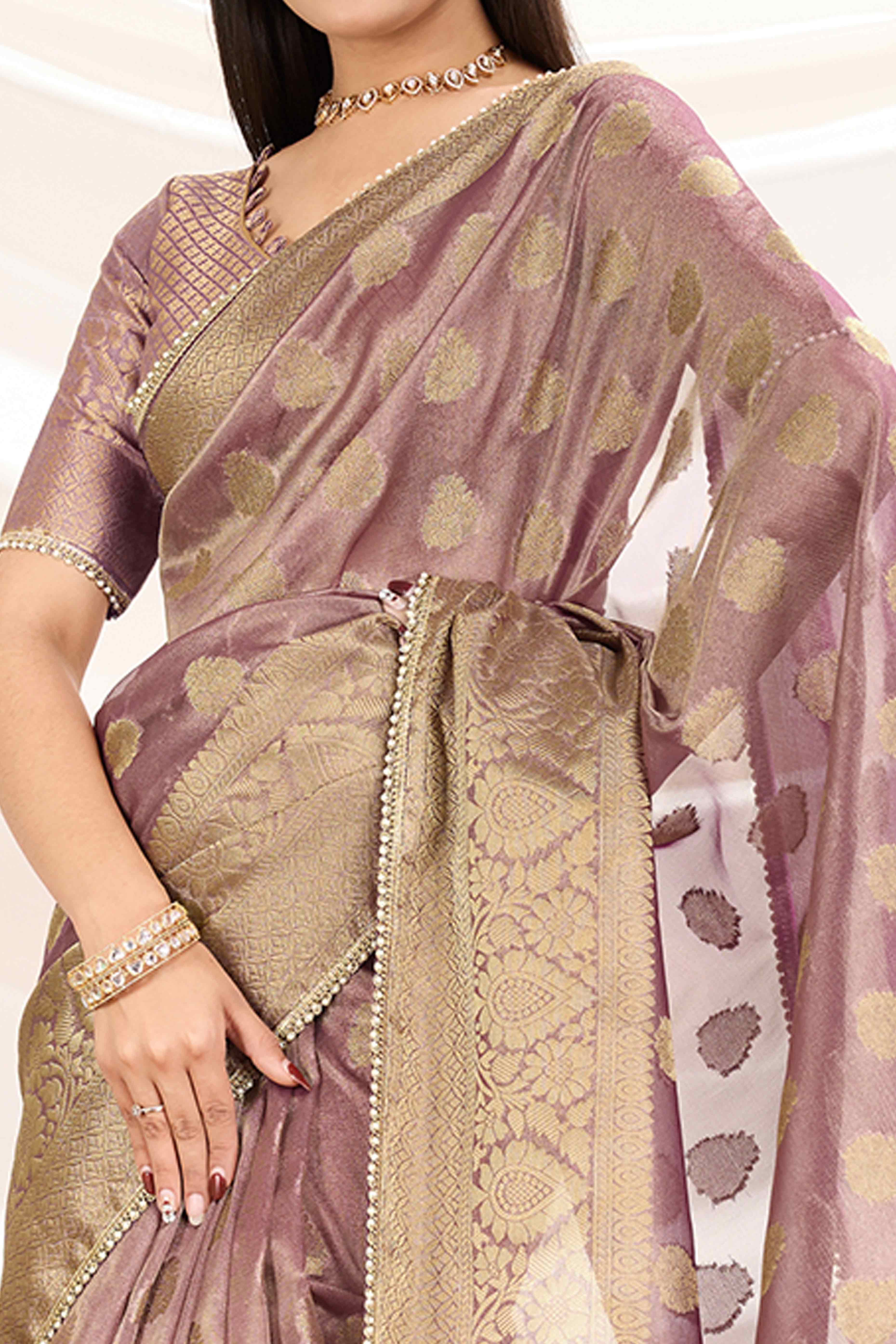 Wine Floral Woven Tissue Silk Saree With Pearl Lace & Designer Tassels
