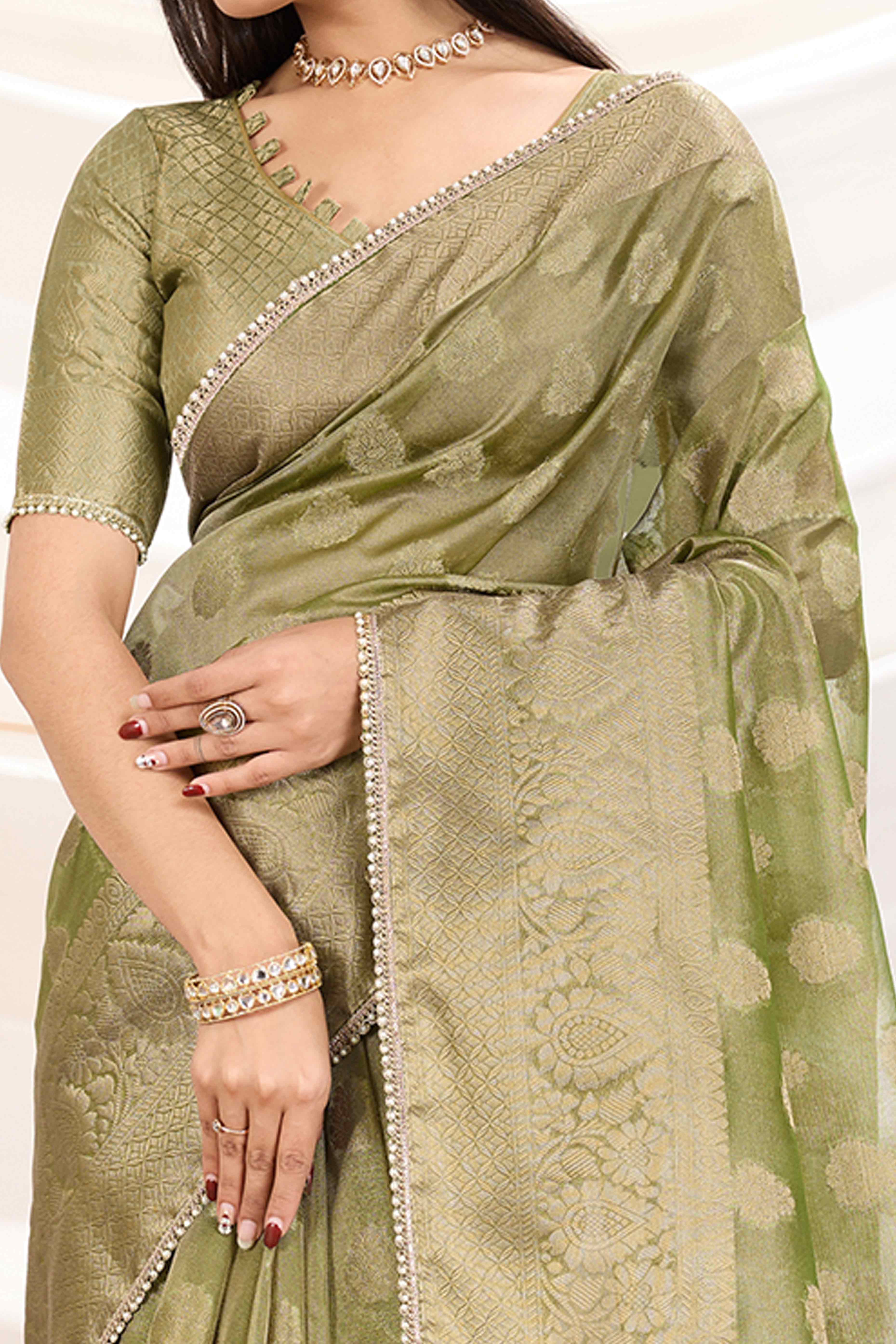 Green Floral Woven Tissue Silk Saree With Pearl Lace & Designer Tassels