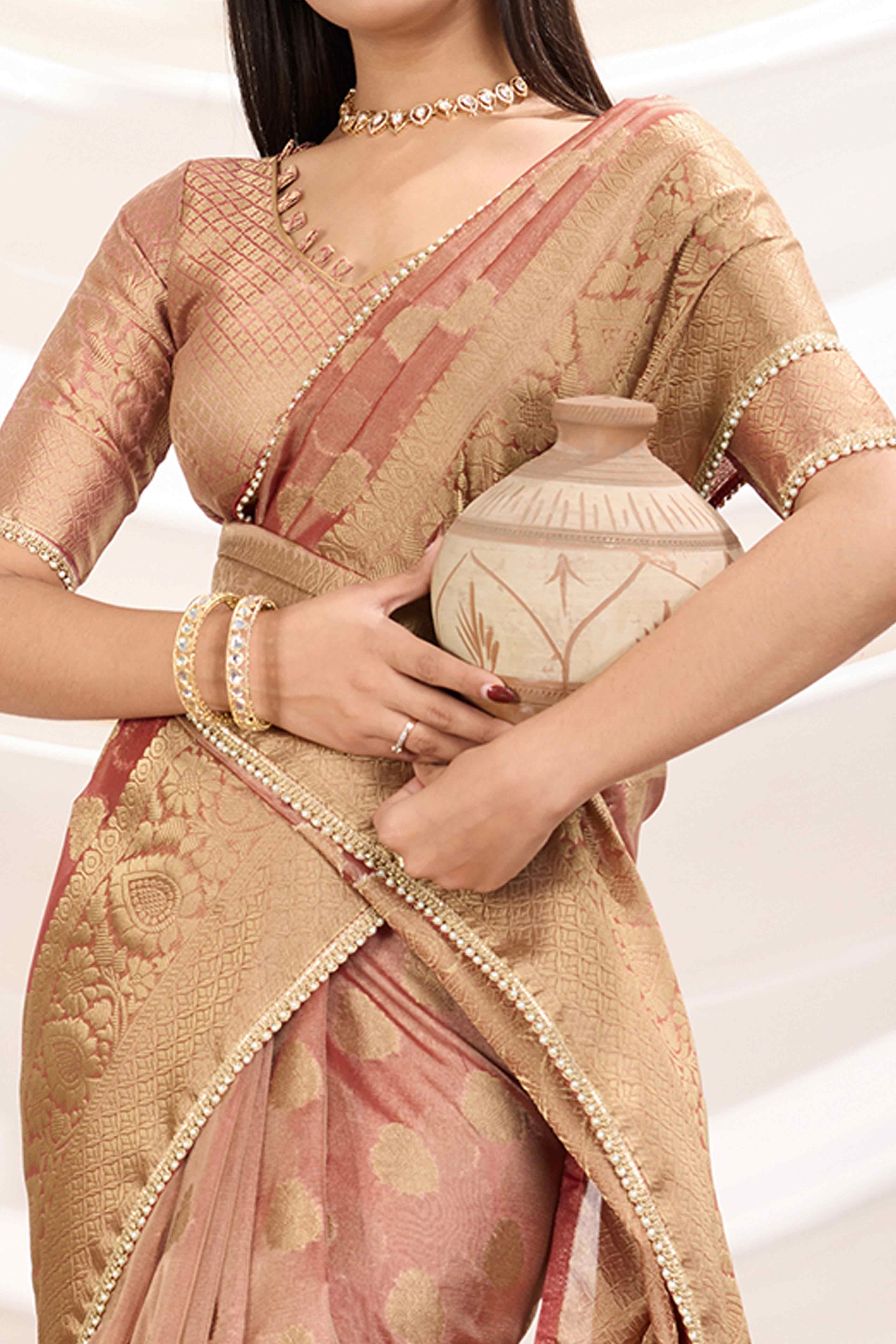 Peach Floral Woven Tissue Silk Saree With Pearl Lace & Designer Tassels