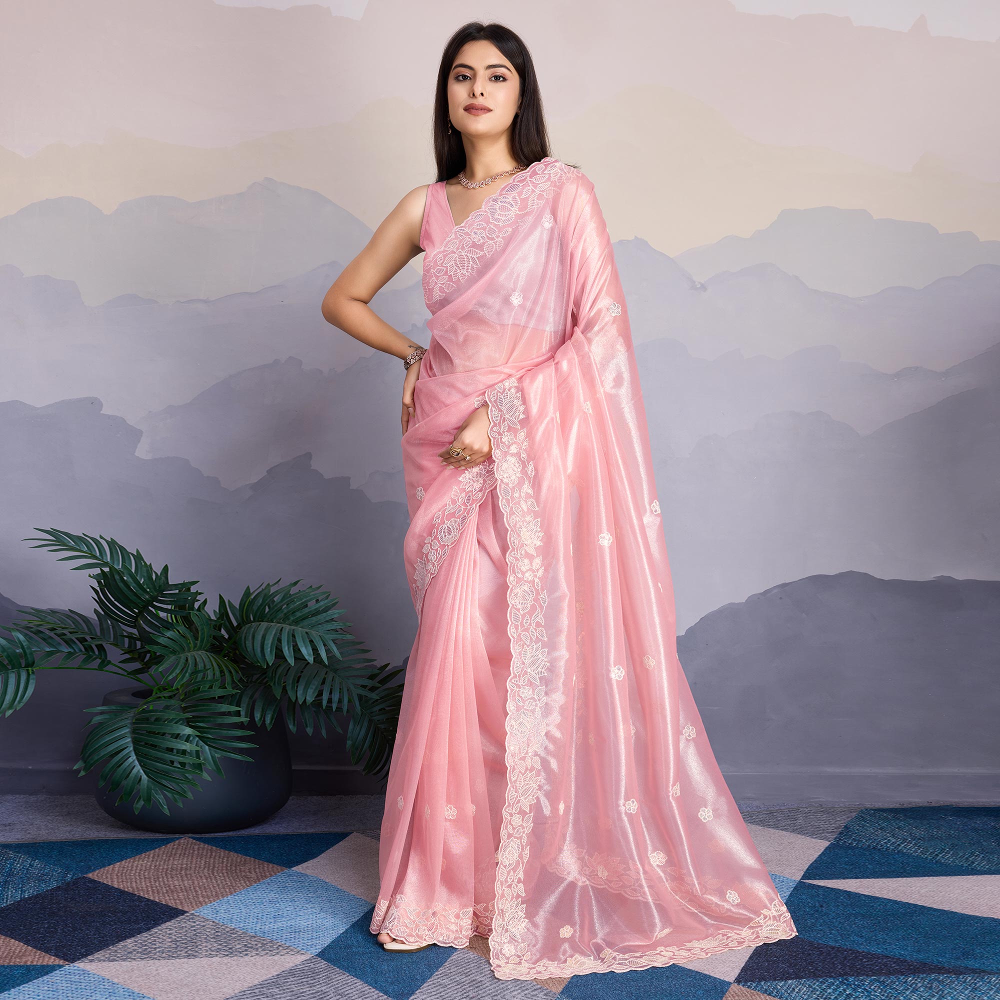Baby Pink Floral Sequins Embroidered Twill Net Saree