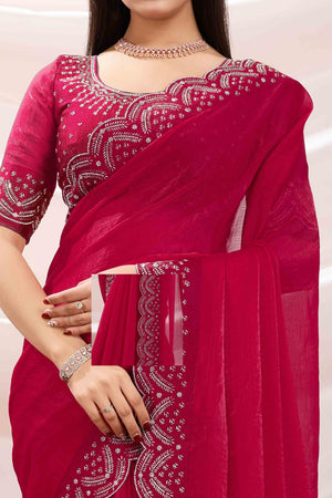 Pink Stone Work Embroidered Velvet Chiffon Saree