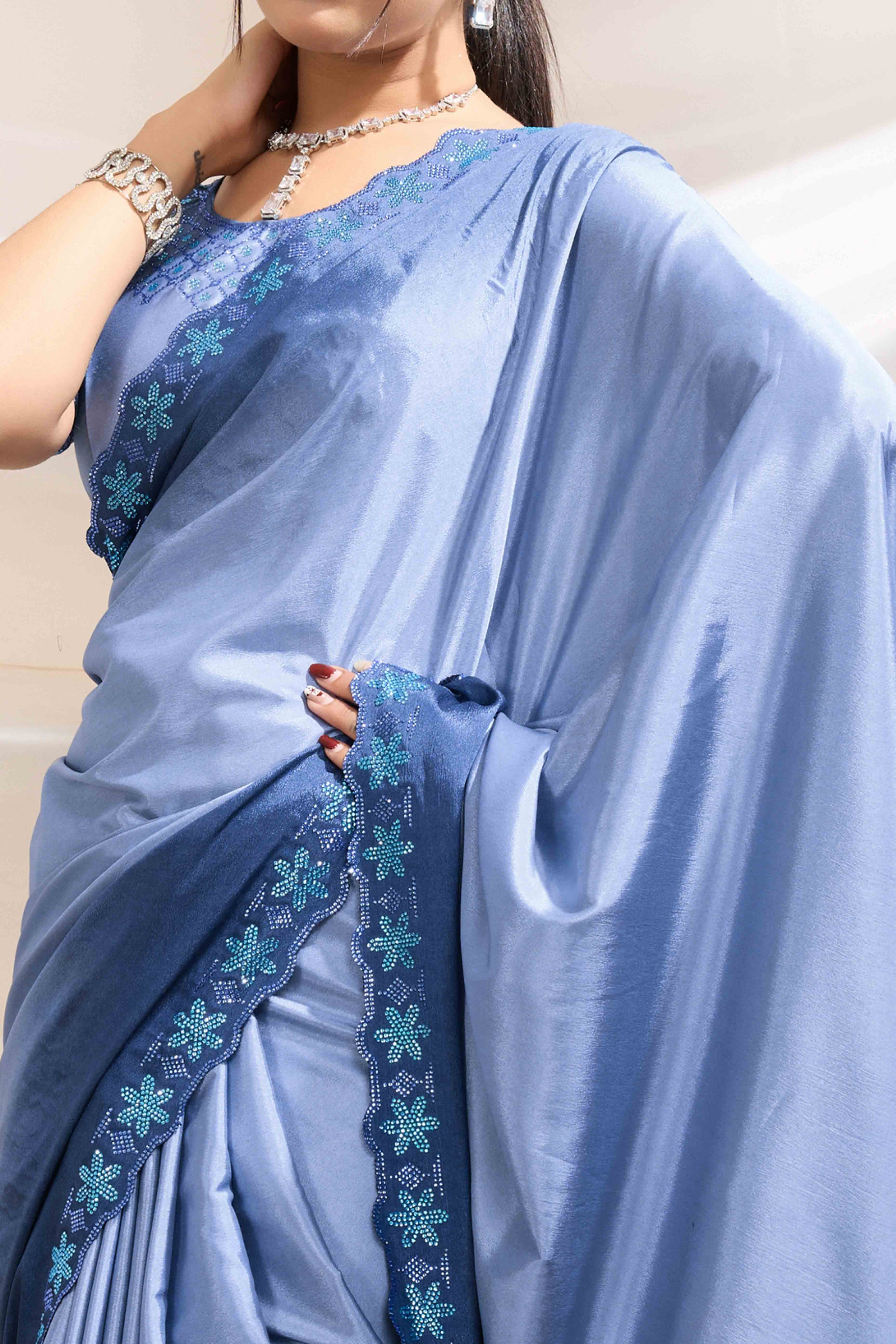 Blue Two Tone Ombre Crepe Saree With Exquisite Floral Stonework