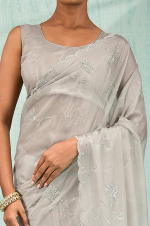 Grey Embellished Viscose Saree Featuring Luxe Crystal Detailing