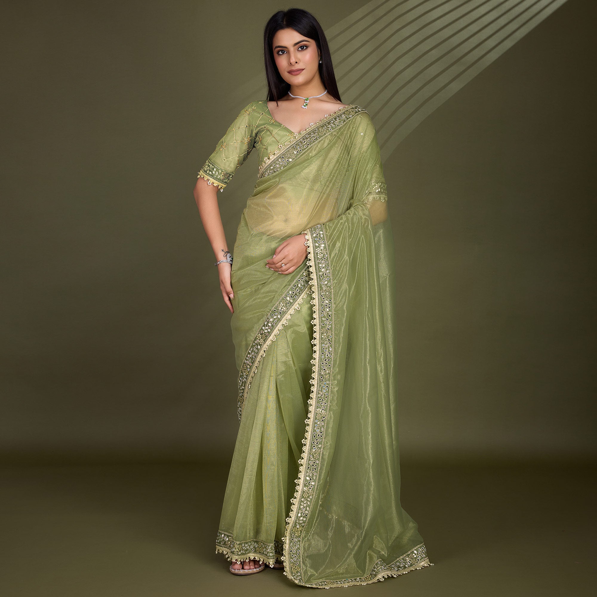 Green Sequins Embroidery With Mirror Handwork Twill Net Saree