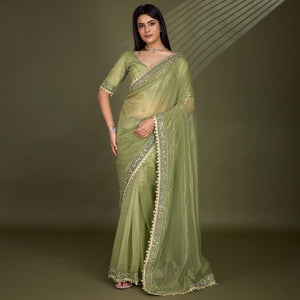 Green Sequins Embroidery With Mirror Handwork Twill Net Saree