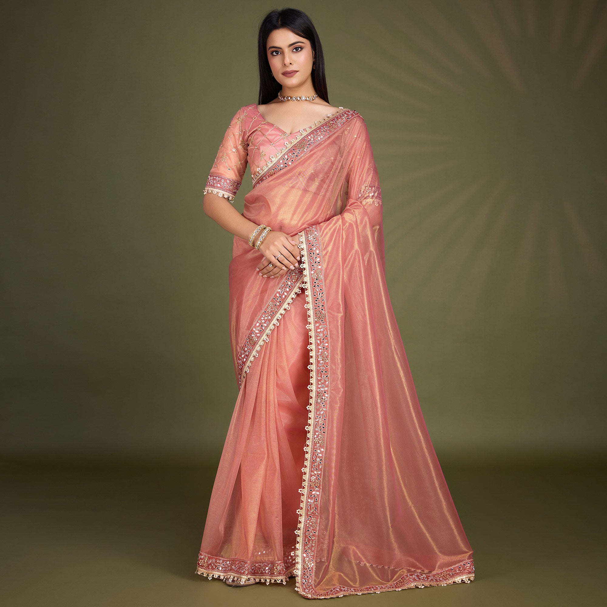 Peach Sequins Embroidery With Mirror Handwork Twill Net Saree