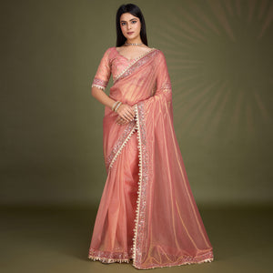 Peach Sequins Embroidery With Mirror Handwork Twill Net Saree