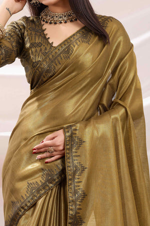 Mehendi Green Festive Linen Tissue Saree with Zari Borders