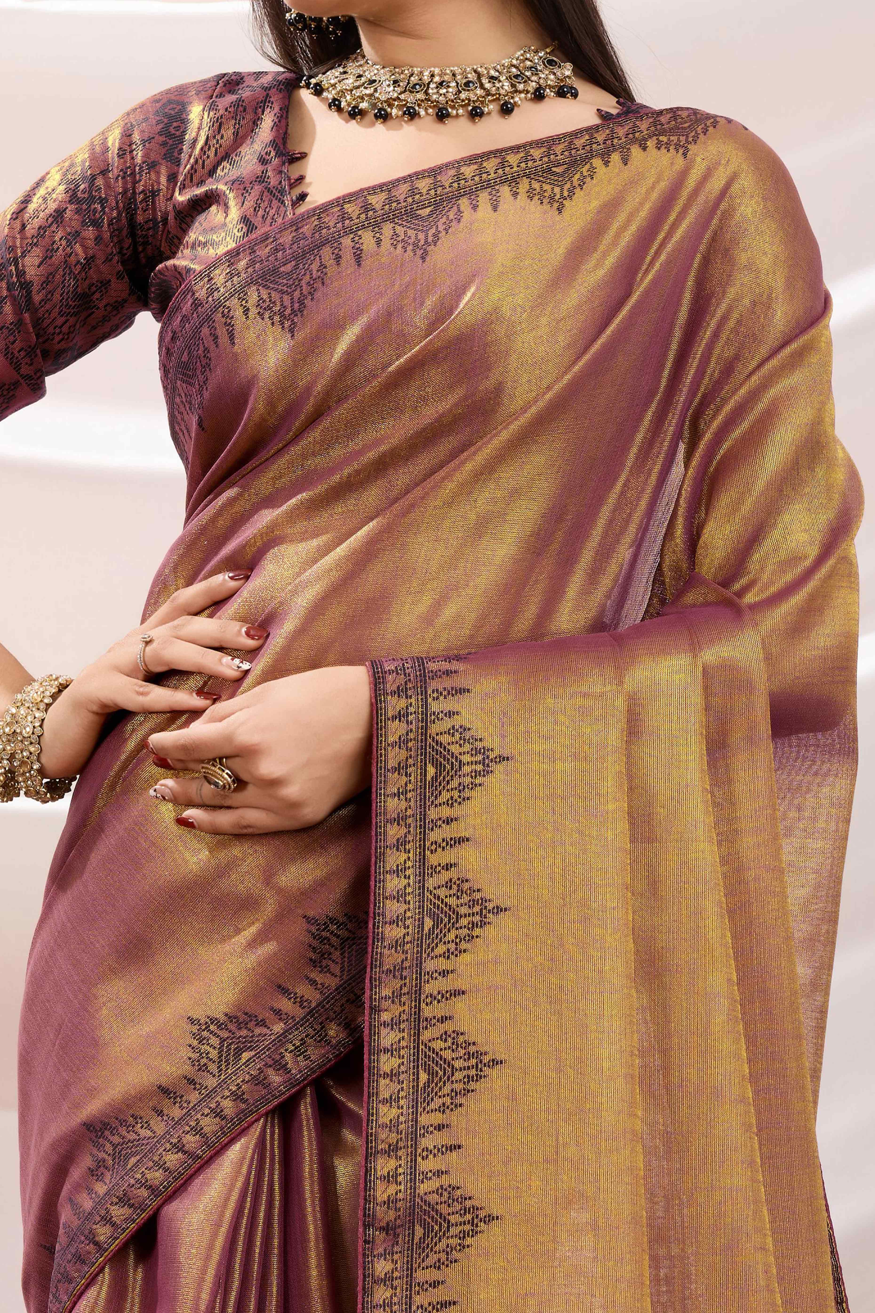 Brownish Maroon Festive Linen Tissue Saree with Zari Borders