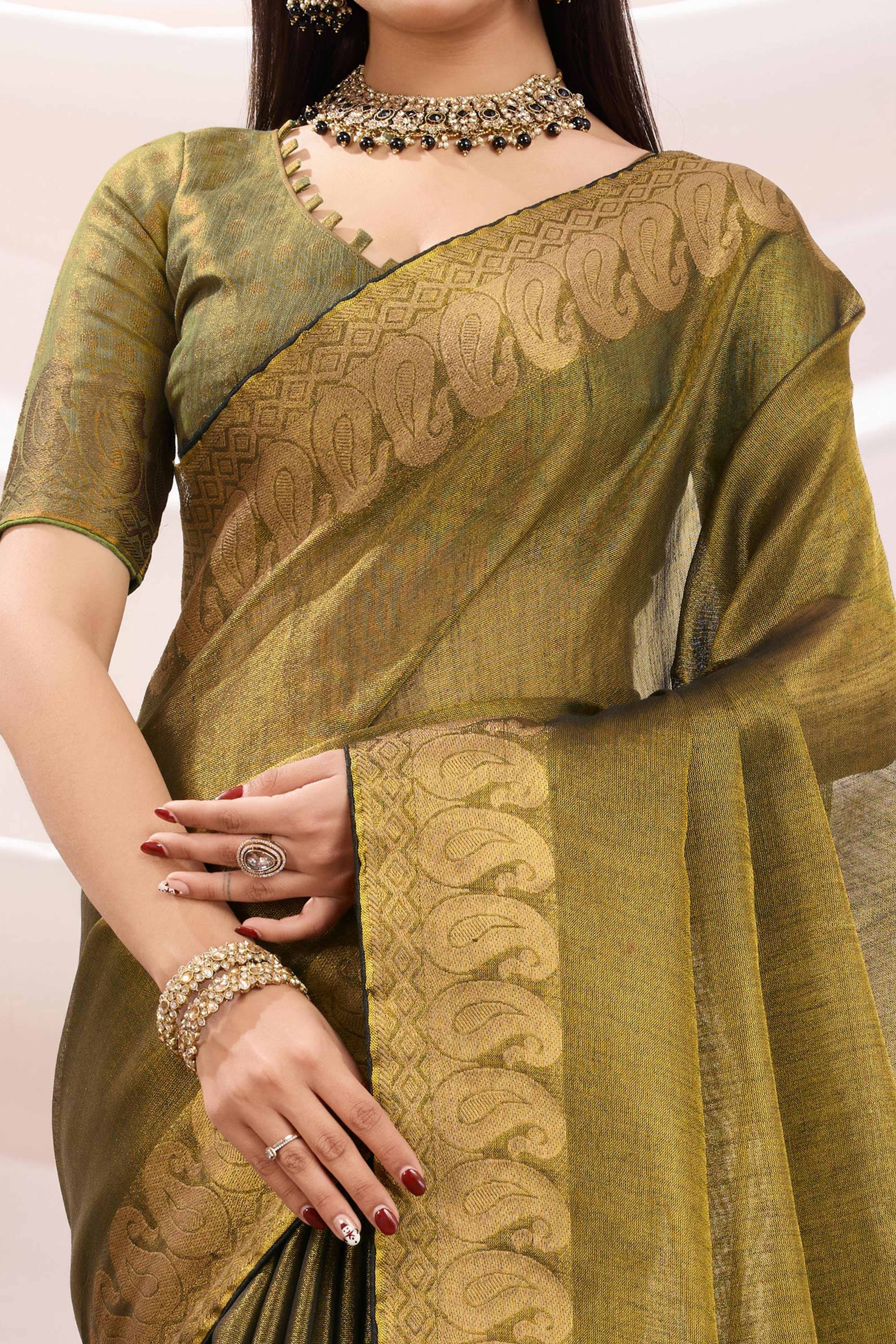 Green Festive Linen Tissue Saree with Zari Borders