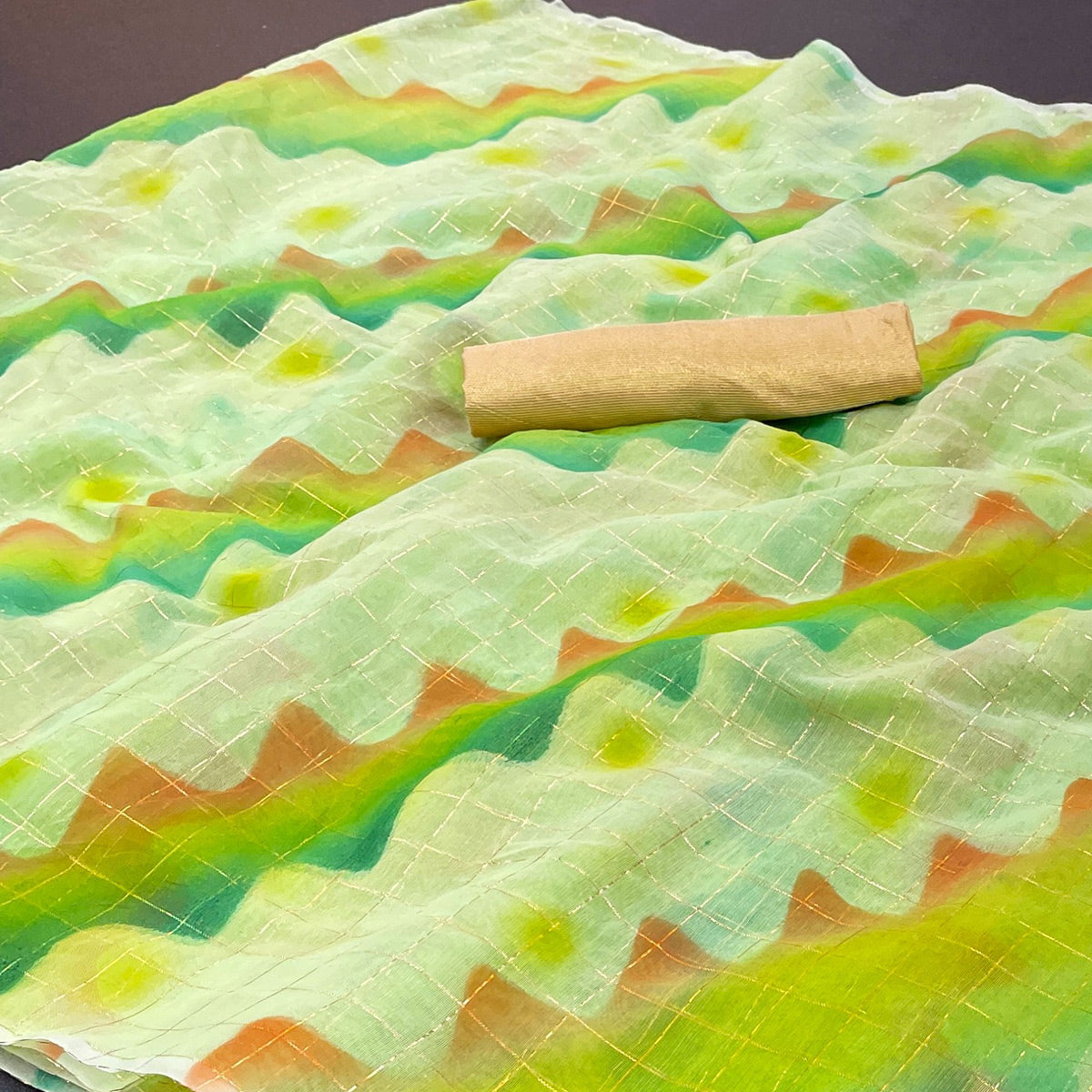 Green Hand Printed With Zari Woven Cotton Blend Saree