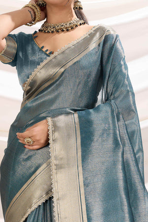 Blue Solid Linen Tissue Saree With Weaving & Zarkan Lace Border