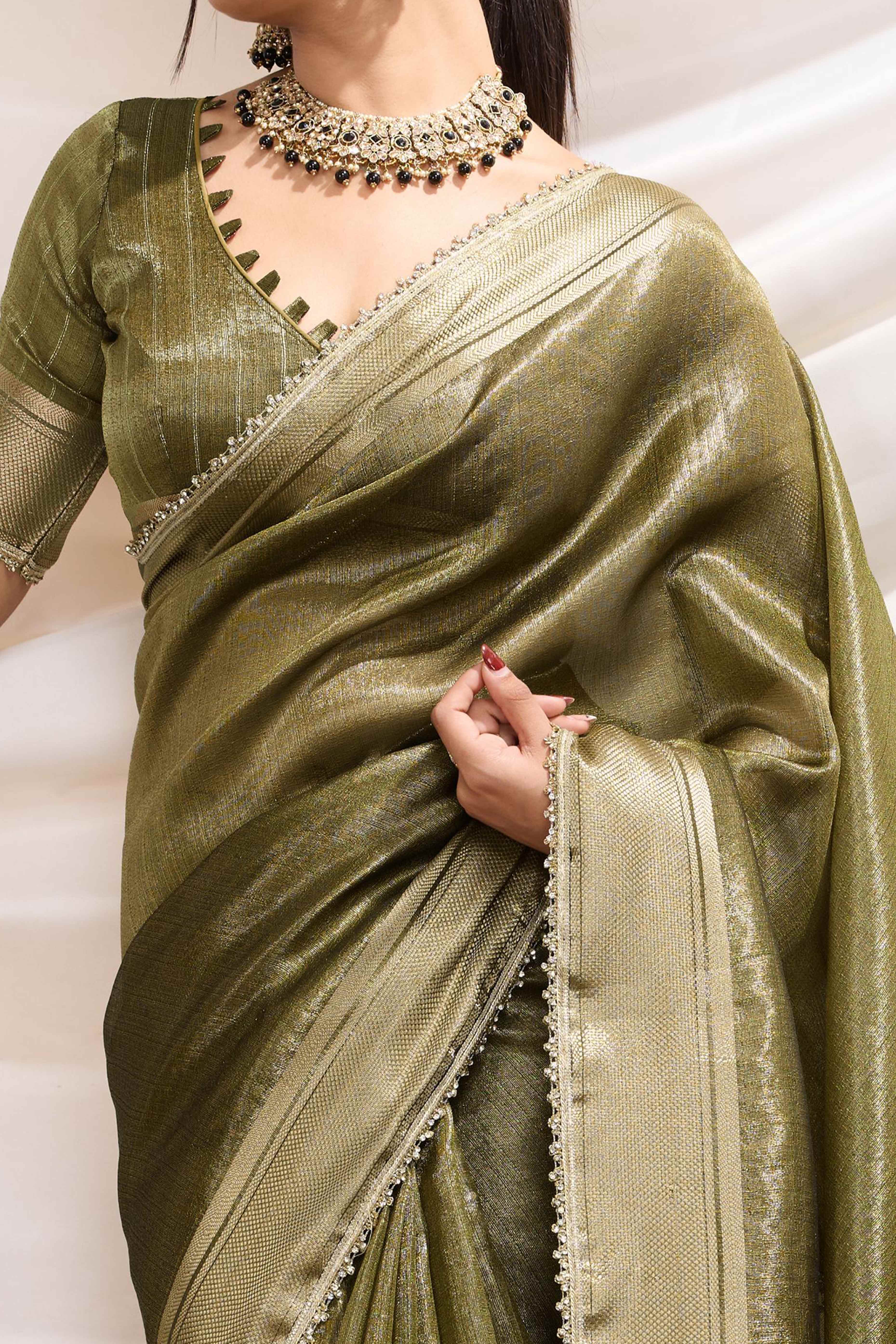 Mehendi Green Solid Linen Tissue Saree With Weaving & Zarkan Lace Border