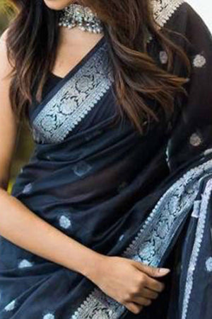 Black Soft Linen Saree Featuring Butti Pattern & Zari Weave