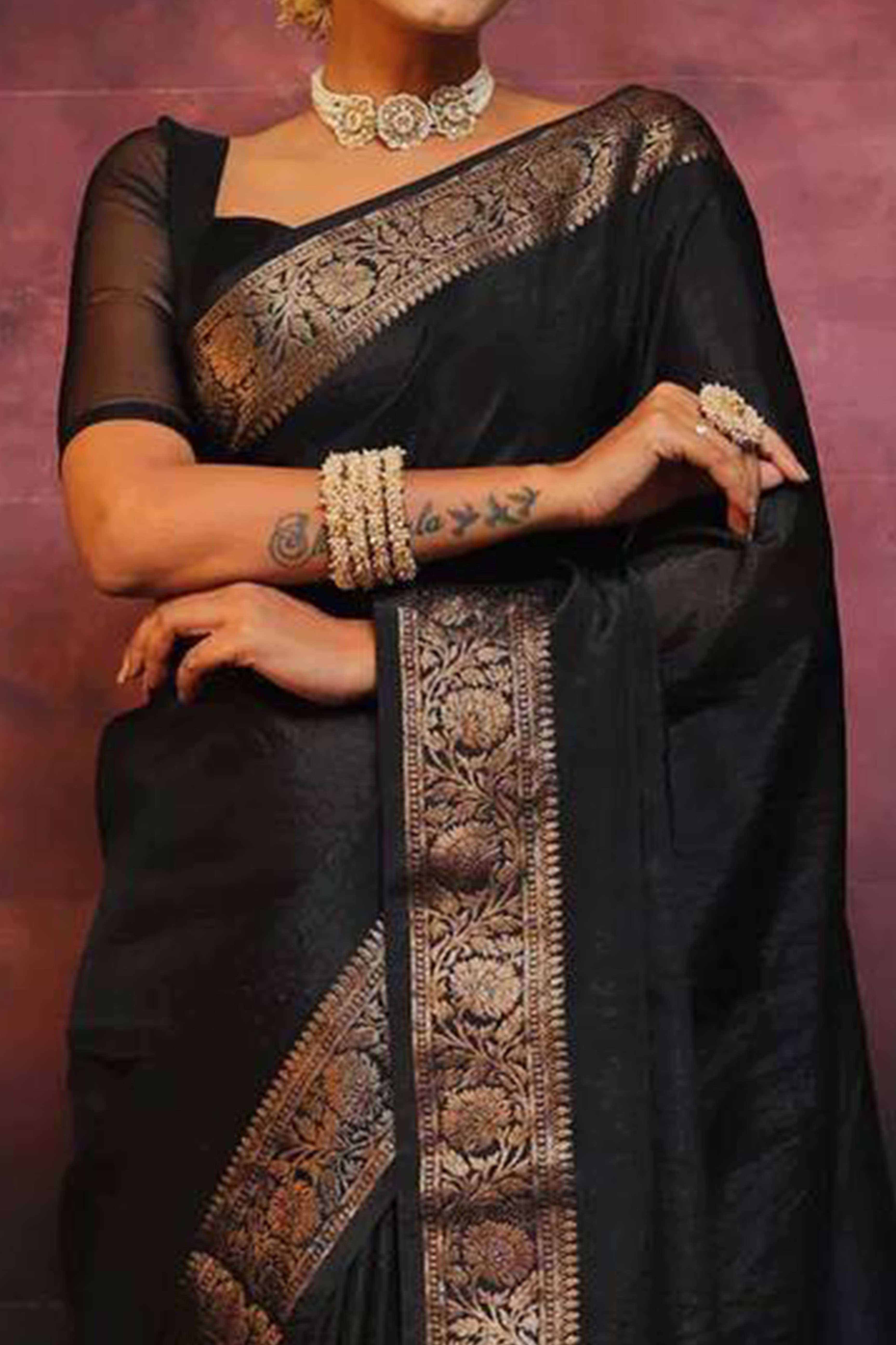 Black Floral Woven Lichi Banarasi Silk Saree