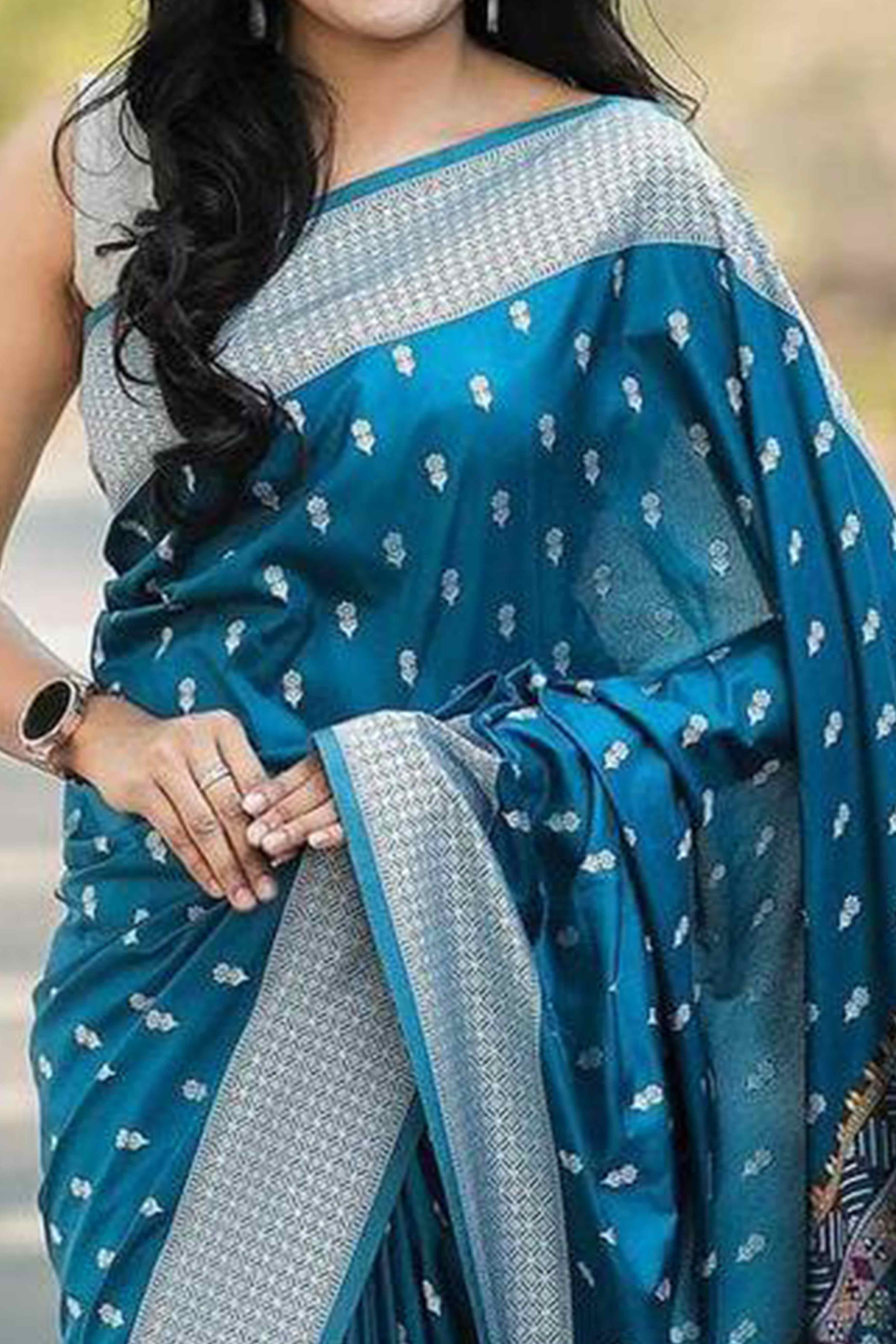 Blue Floral Woven Lichi Banarasi Silk Saree With Tassels