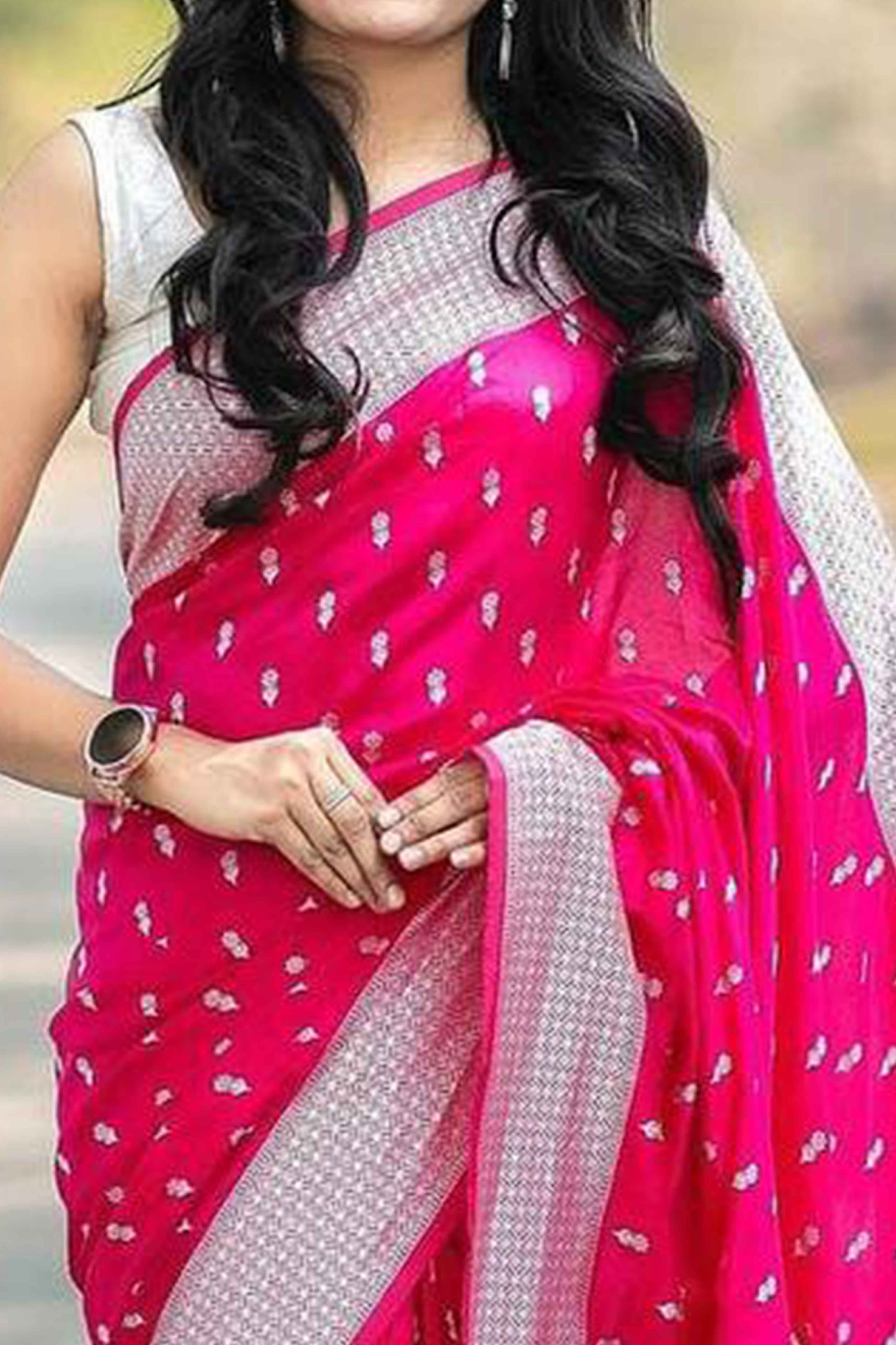 Pink Floral Woven Lichi Banarasi Silk Saree With Tassels