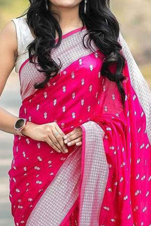 Pink Floral Woven Lichi Banarasi Silk Saree With Tassels