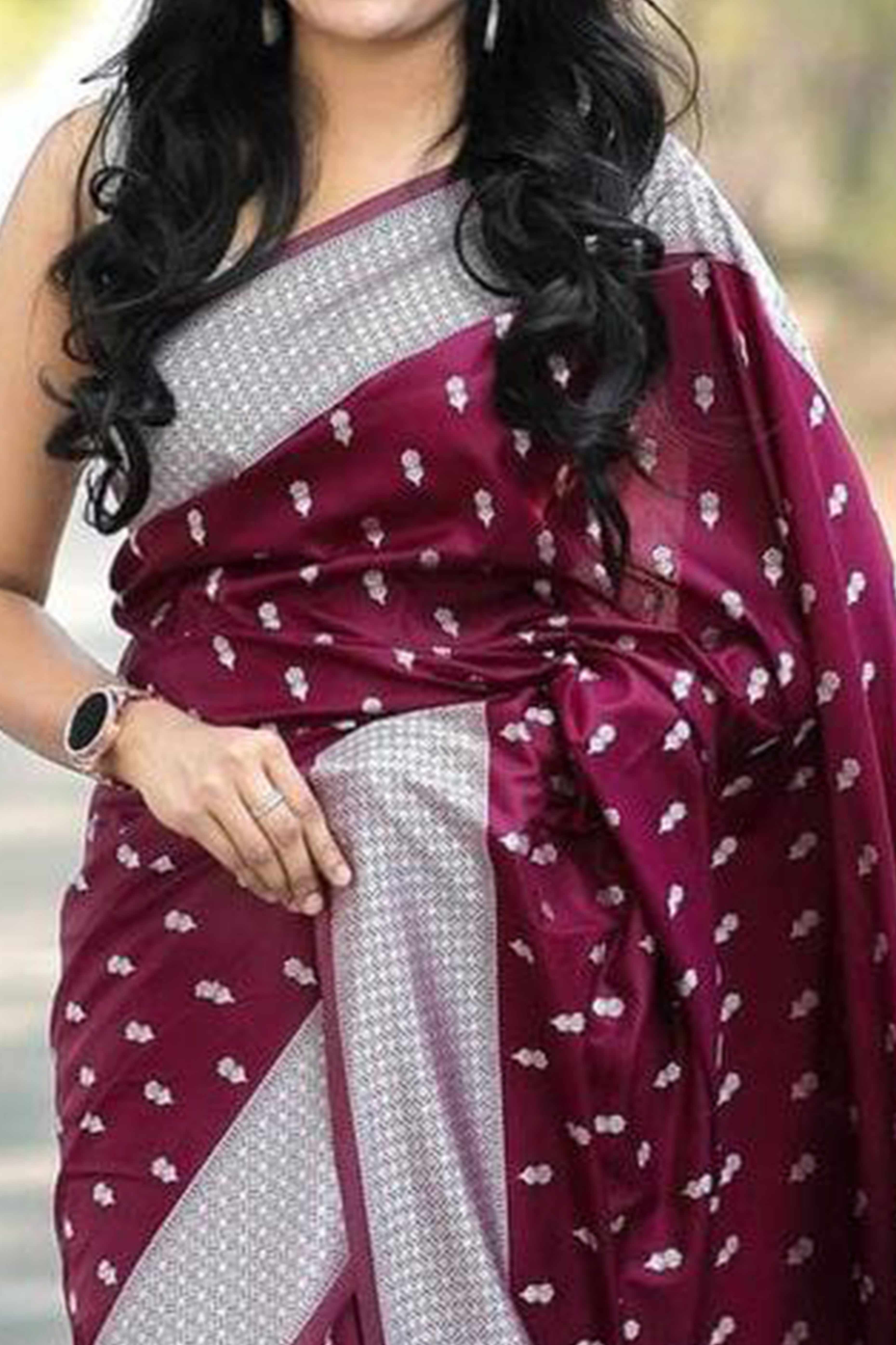 Wine Floral Woven Lichi Banarasi Silk Saree With Tassels