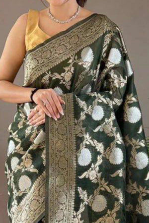 Bottle Green Floral Woven Cotton Silk Saree