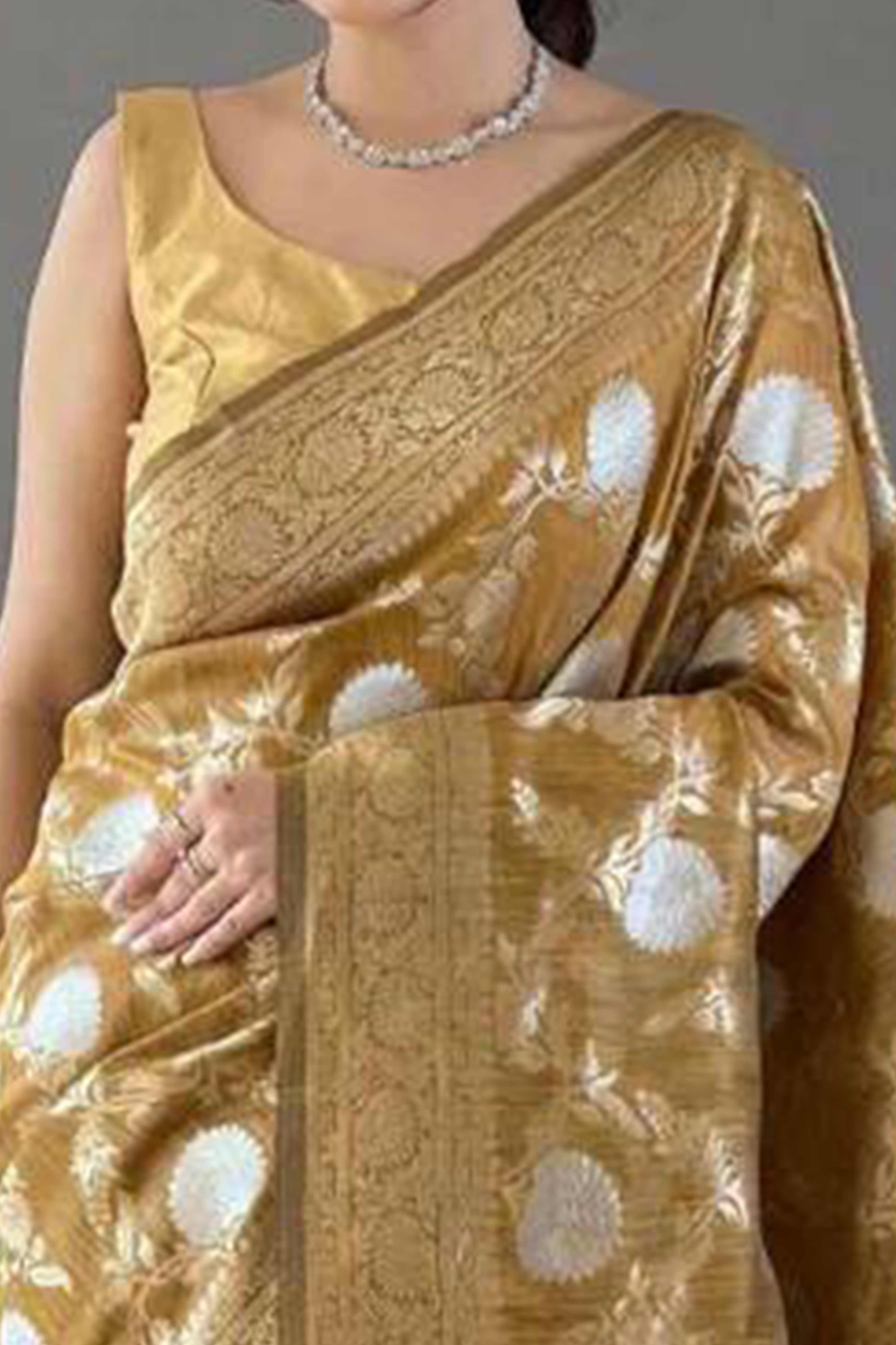 Dark Mustard Floral Woven Cotton Silk Saree
