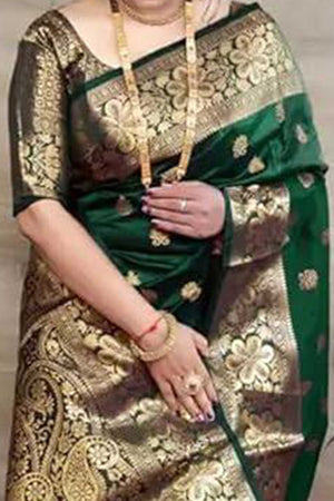 Dark Green Banarasi Silk Saree With Intricate Zari Butti Weaving