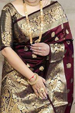 Maroon Banarasi Silk Saree With Intricate Zari Butti Weaving