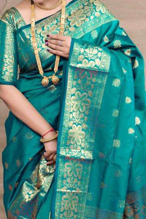 Turquoise Banarasi Silk Saree With Intricate Zari Butti Weaving
