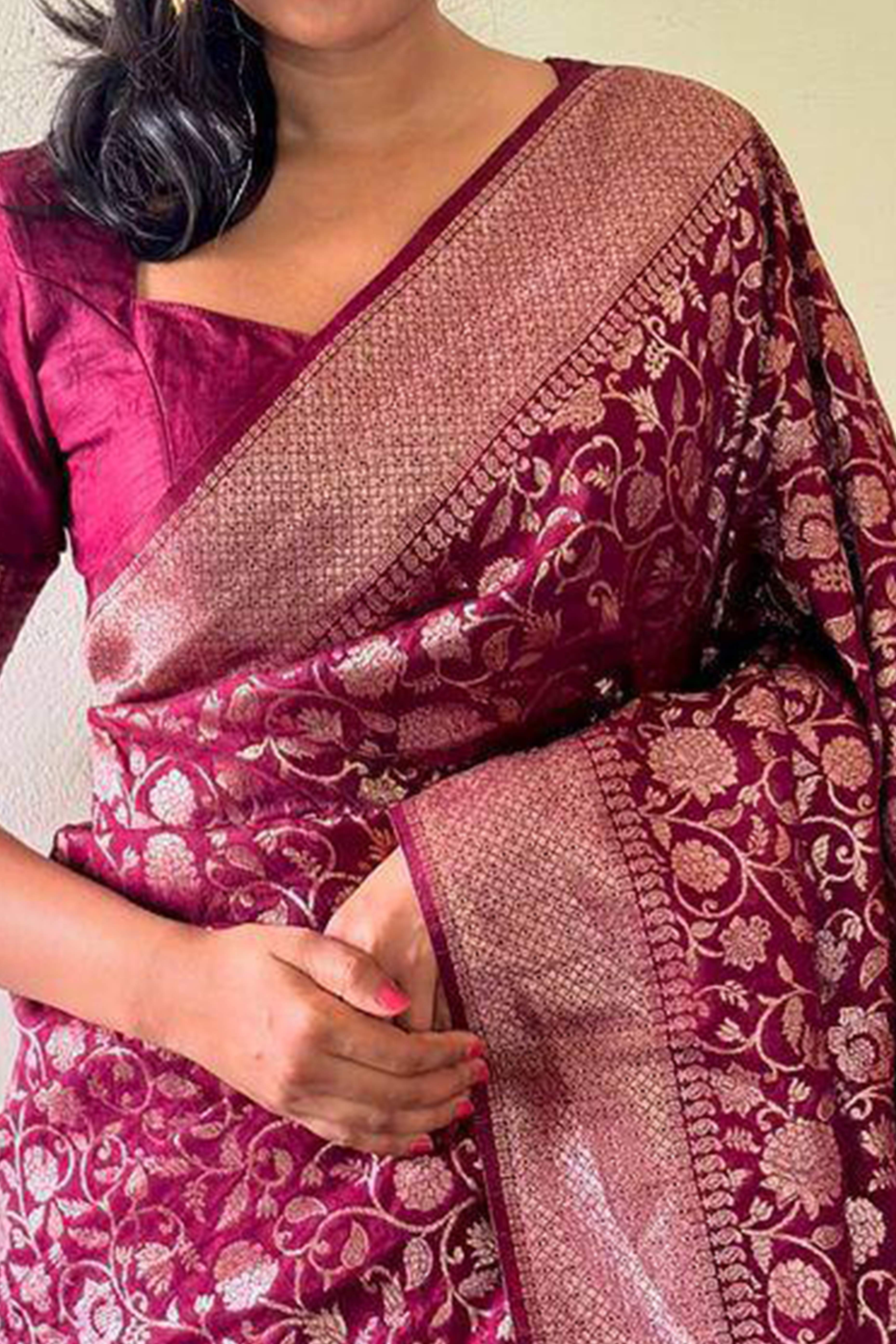 Wine Floral Woven Lichi Banarasi Silk Saree