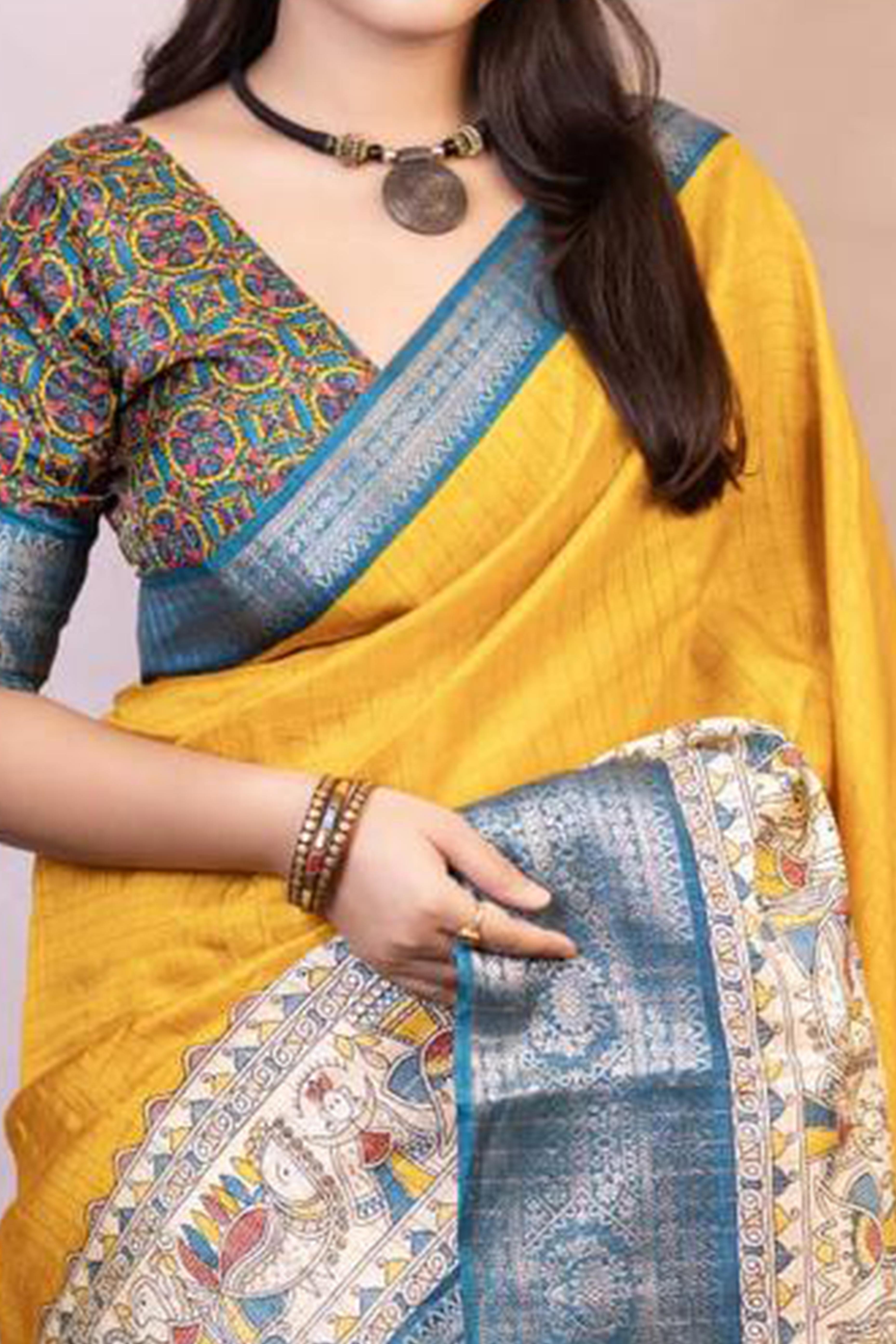 Mustard Printed With Zari Checks Dola Silk Saree