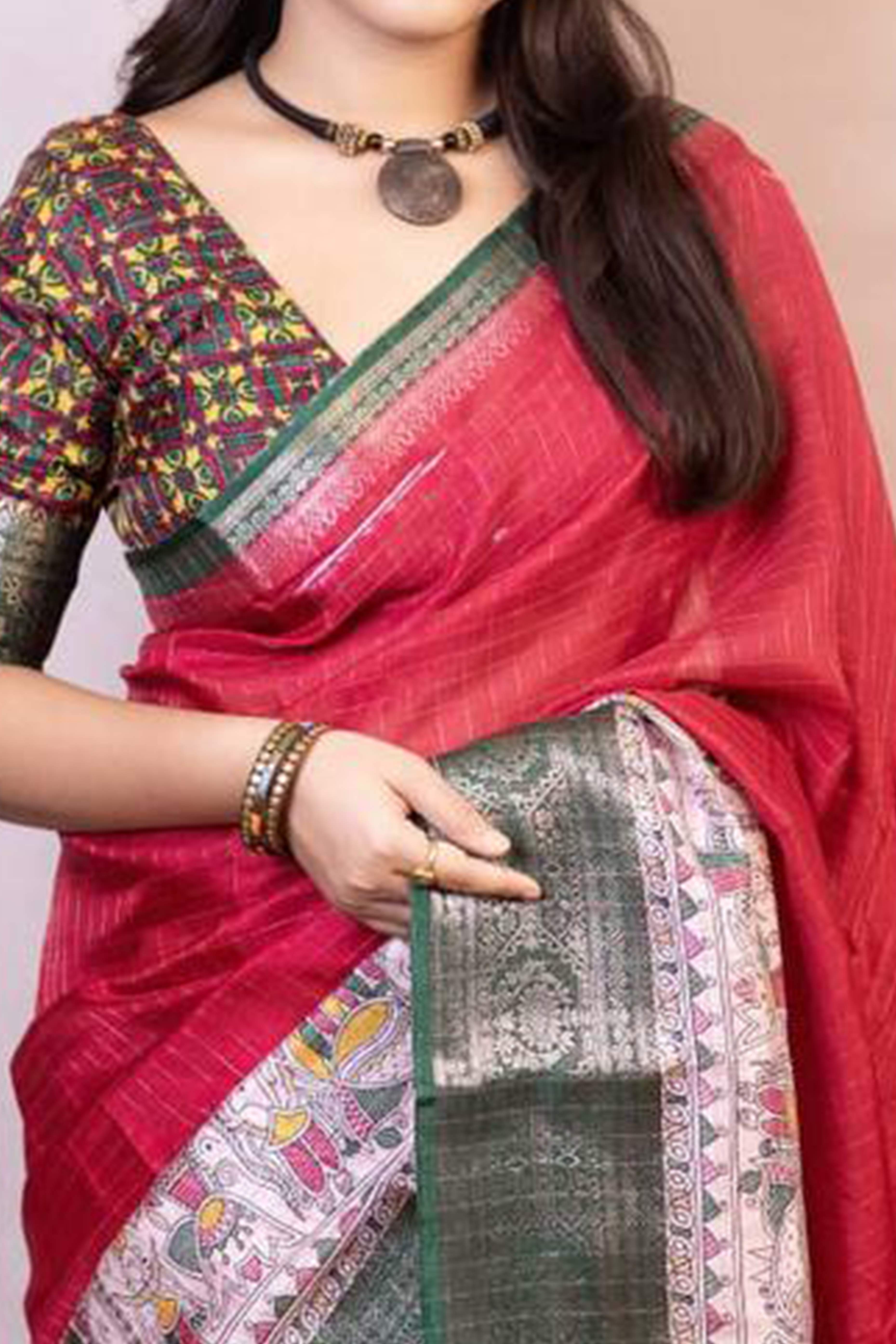 Pink Printed With Zari Checks Dola Silk Saree