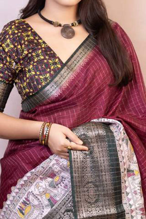 Wine Printed With Zari Checks Dola Silk Saree
