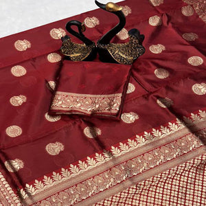 Maroon Floral Woven Lichi Banarasi Silk Saree