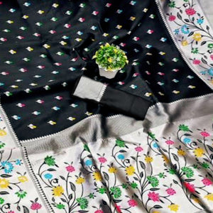 Festive Banarasi Silk Paithani Saree in Black Enhanced with Zari Weaving