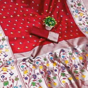 Festive Banarasi Silk Paithani Saree in Red Enhanced with Zari Weaving