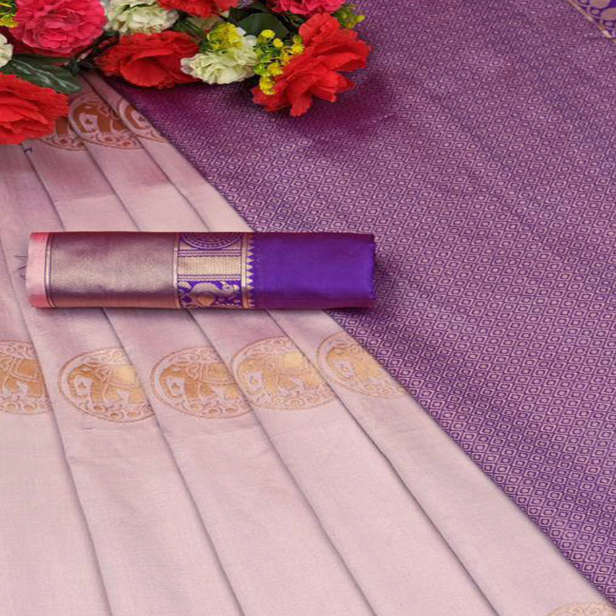 Peach Woven Lichi Banarasi Silk Saree