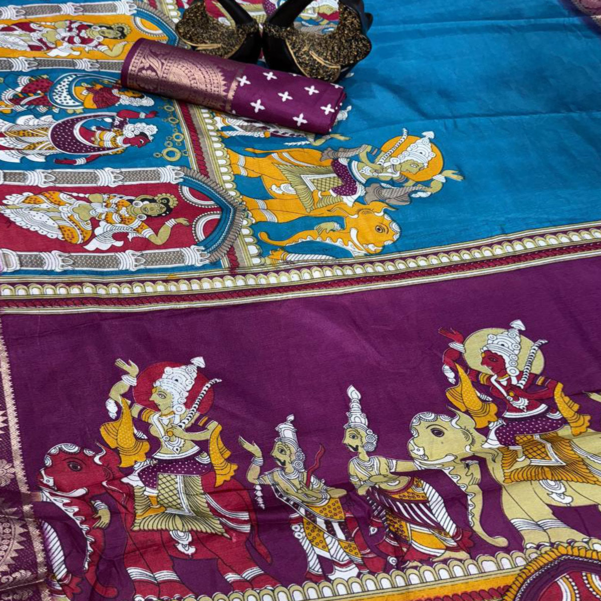 Teal Mangalagiri Patterned Dola Silk Saree Accentuated with Gleaming Zari Borders