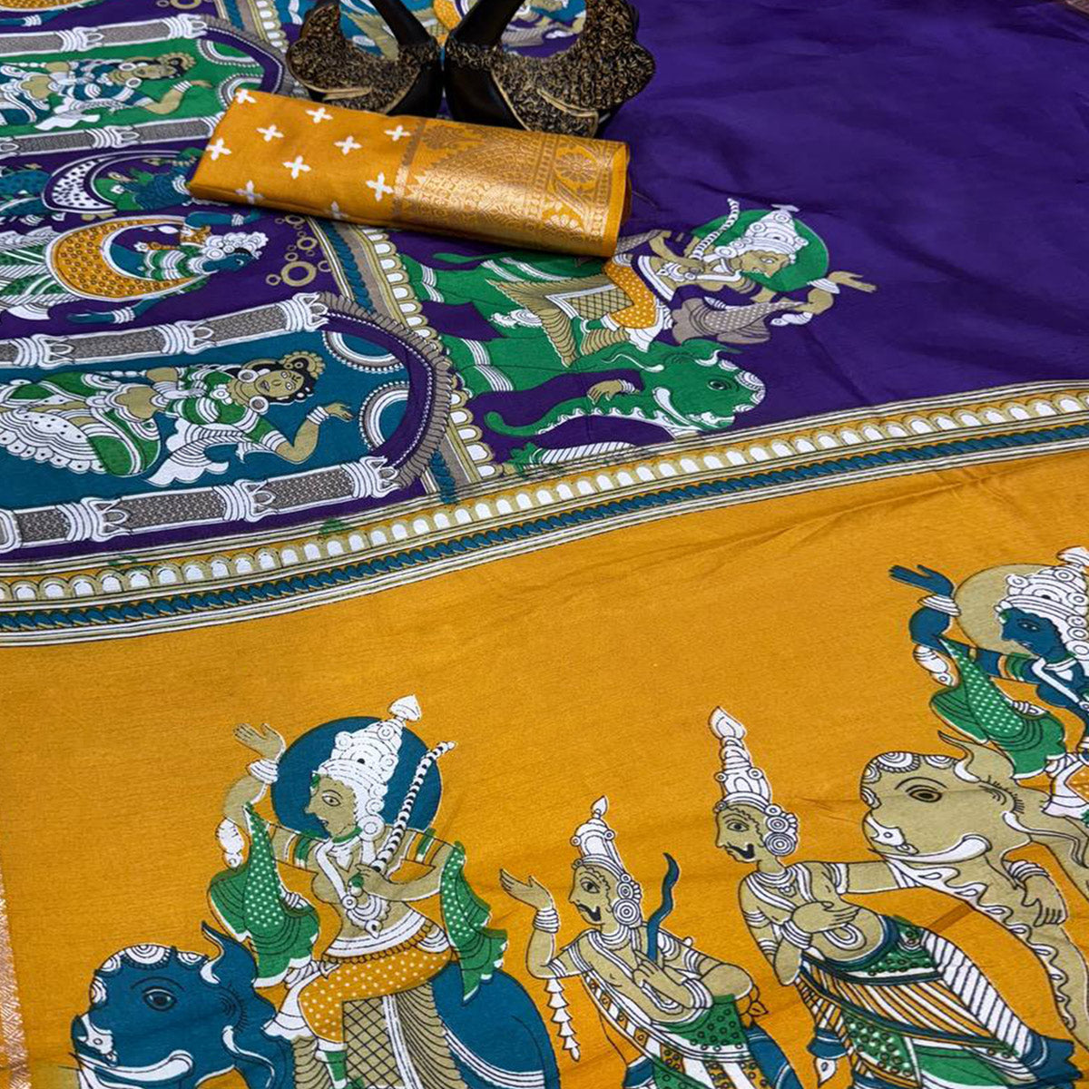 Violet Mangalagiri Patterned Dola Silk Saree Accentuated with Gleaming Zari Borders