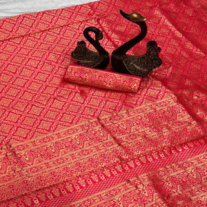 Pink Banarasi Silk Saree With Intricate Zari Floral Weaving