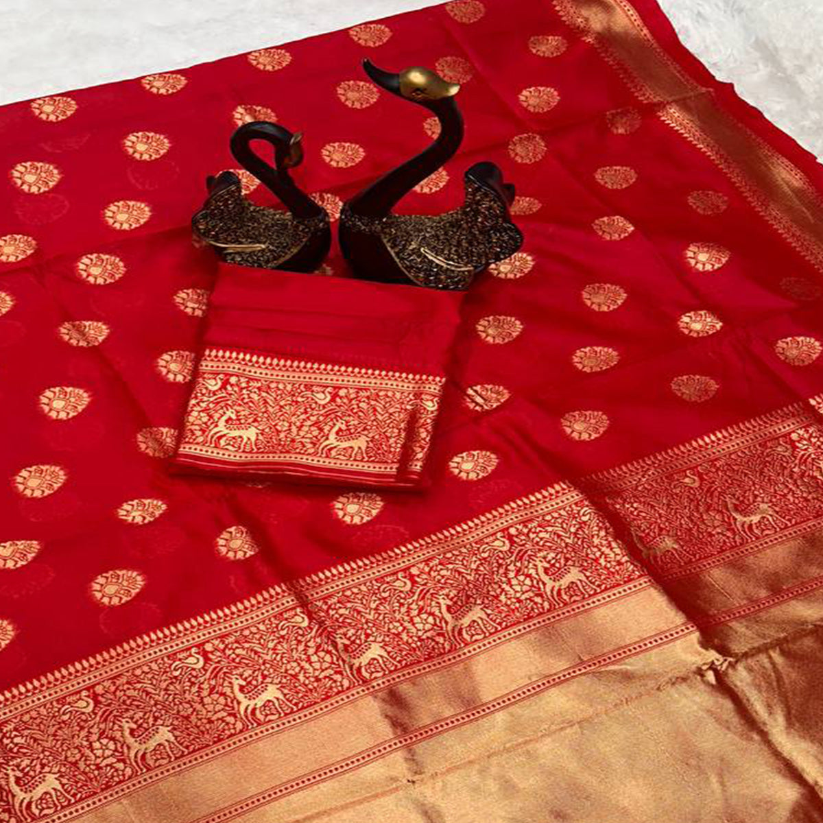 Radiant Red Banarasi Silk Saree With Intricate Zari Butti Weaving