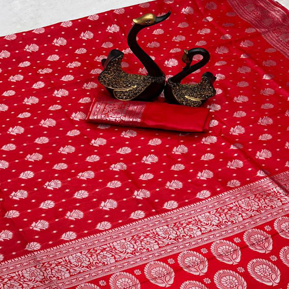 Red Floral Woven Lichi Banarasi Silk Saree